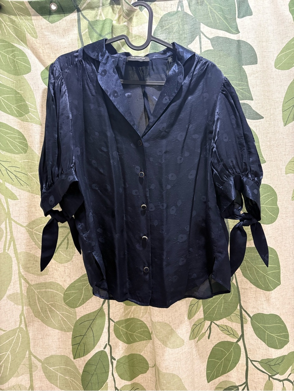 The Kooples Navy Satin Tie-Sleeve Button Down Shirt